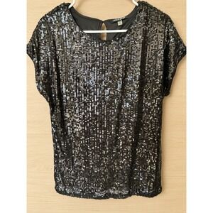 Cable & Gauge Womens Black Sequin Short Sleeve Top Keyhole Back Size Medium